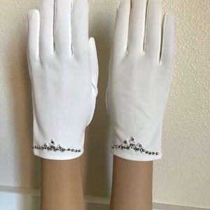 Sparkle and Pearls! Vintage Miss Aris Ladies White, Easter, Costume, Pinup Gloves- Rhinestone and Seed Pearl Decoration