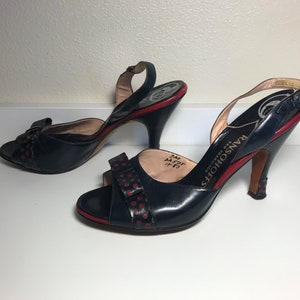 Pump it Up in Polka Dots Vintage 1940/50s Ransohoffs Slingback Pumps Navy w/Red Polka Dot Bow Size 7M image 5