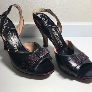 Pump it Up in Polka Dots Vintage 1940/50s Ransohoffs Slingback Pumps Navy w/Red Polka Dot Bow Size 7M image 1