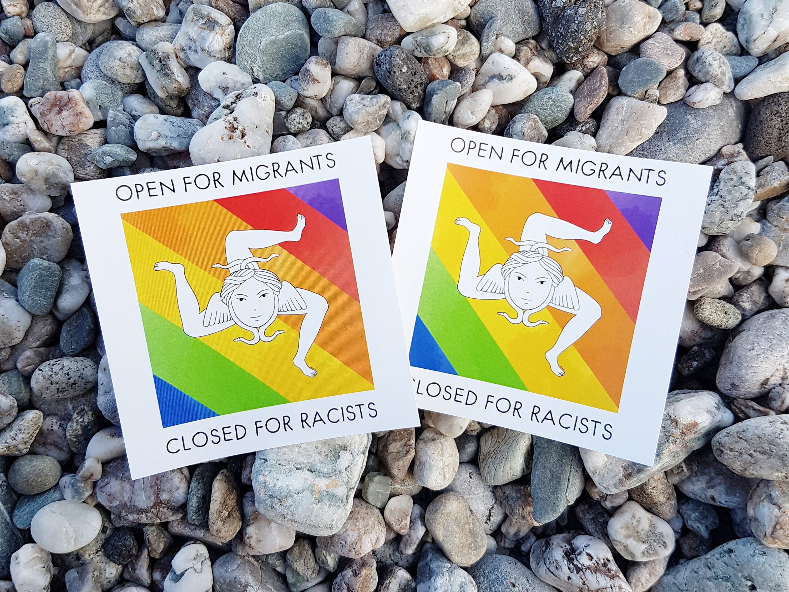 Pair of stickers in solidarity with anti-racist Trinacria - Open for migrants, closed for racists!