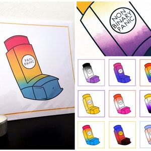 May include: A set of nine illustrated inhaler designs with different pride flag colors. The inhalers are labeled with the text "Pan Panic" and "Non Binary Panic".