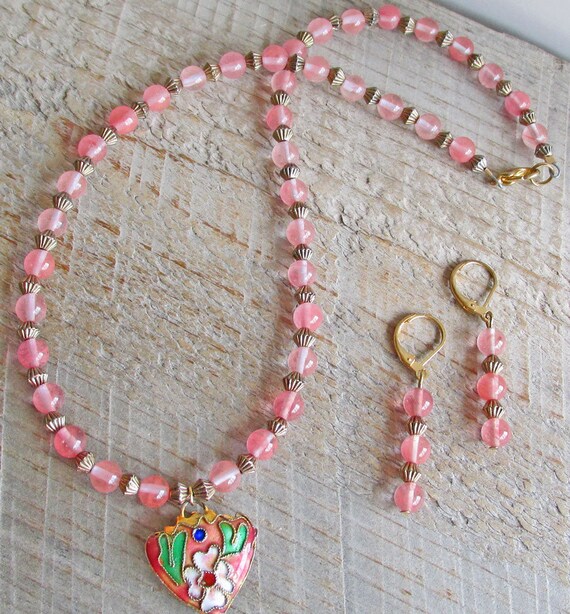 Vintage Pink Cloisonne Heart Pendant Necklace Mat… - image 7