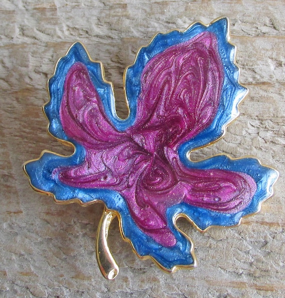 Vintage Gold Tone Leaf Brooch, Purple Blue Enamel… - image 2