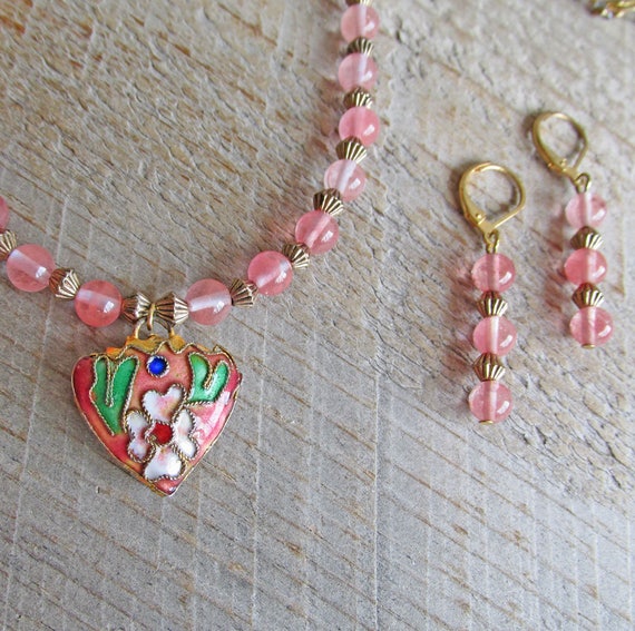 Vintage Pink Cloisonne Heart Pendant Necklace Mat… - image 6