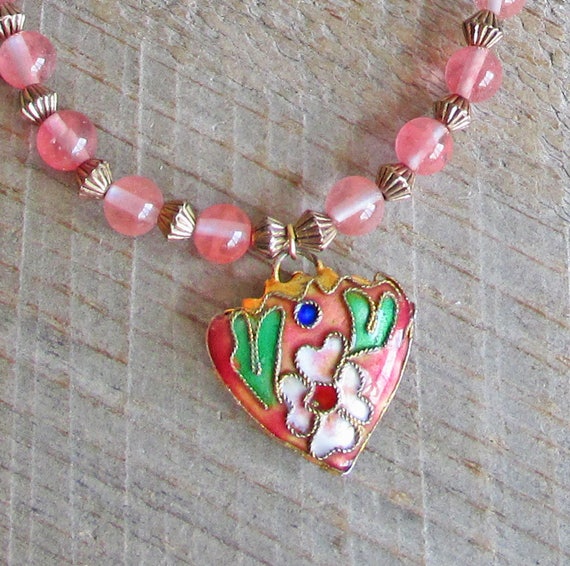 Vintage Pink Cloisonne Heart Pendant Necklace Mat… - image 2