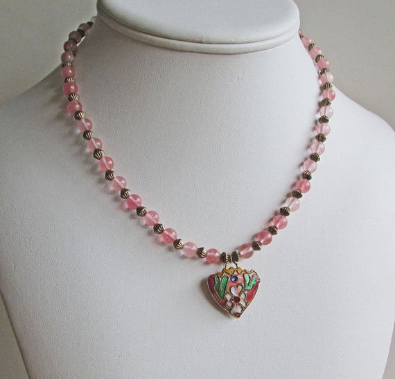 Vintage Pink Cloisonne Heart Pendant Necklace Mat… - image 3