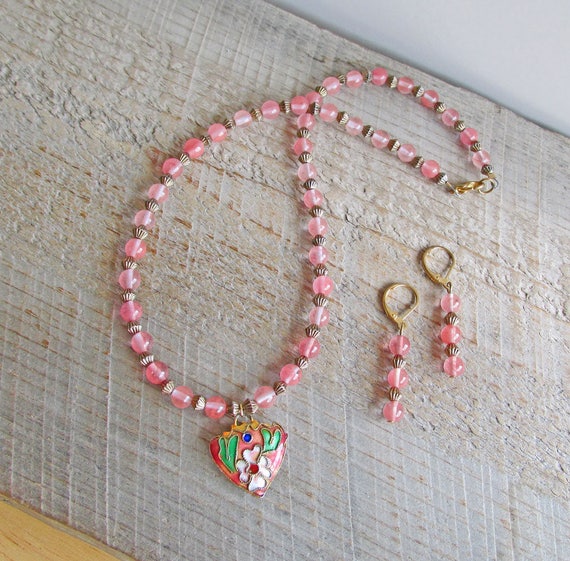 Vintage Pink Cloisonne Heart Pendant Necklace Mat… - image 1