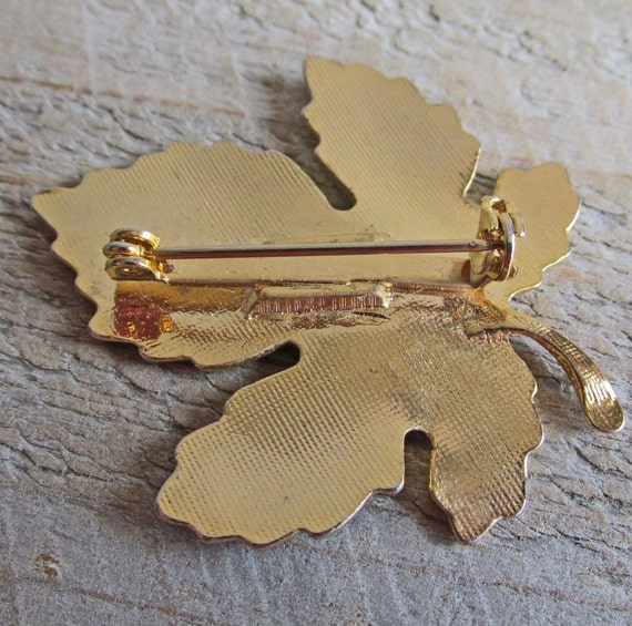 Vintage Gold Tone Leaf Brooch, Purple Blue Enamel… - image 5