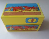 Syndicate Mfg. Co. Tin Metal Recipe Box Yellow with Small Village and Streetlamp