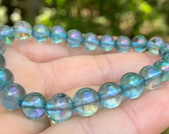8mm AQUA AURA GENUINE Gold Treated Quartz Gorgeous Rare Crystal Bracelet