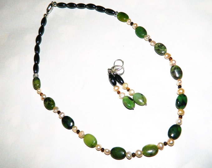 Green Kyanite with Tiger Eyes & Water Pearls