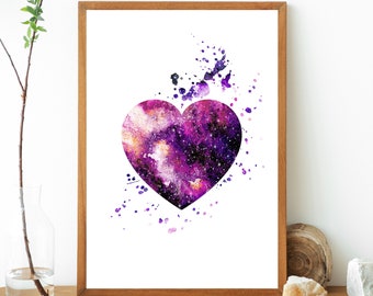 Heart Print Wall Art, Watercolor Heart Wall Decor, Space Heart Digital Poster, Watercolor Space Prints, Printable Wall Art, Digital Download