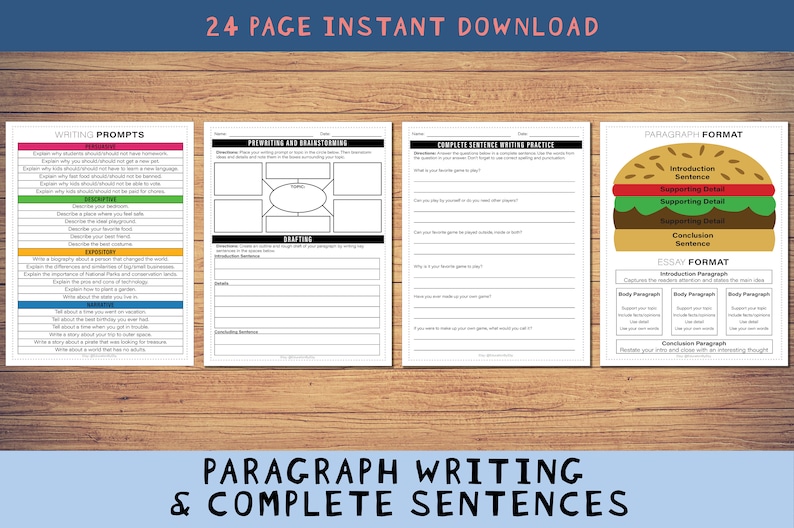 May include: A printable worksheet set for paragraph writing and complete sentence practice. The worksheets feature a hamburger graphic to illustrate paragraph structure and a table to outline essay format. The worksheets are designed for students to practice writing skills.
