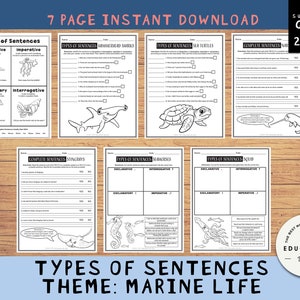 Puede incluir: Un conjunto de hojas de trabajo imprimibles para enseñar los tipos de oraciones. Las hojas de trabajo presentan un tema de vida marina con ilustraciones de una raya, un caballito de mar, un tiburón, una tortuga, un calamar y un narval. Las hojas de trabajo están diseñadas para estudiantes de 2º a 4º grado.