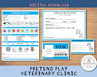 Pretend Play, Animal Clinic, Vet Hospital, Printable Kids Play Set with ID Badge