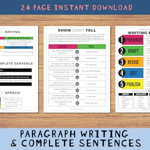 May include: A printable worksheet set for teaching paragraph writing and complete sentences. The colorful worksheets include sections on types of writing, parts of speech, showing vs. telling, and the steps of the writing process. The worksheets also include examples of transitions.