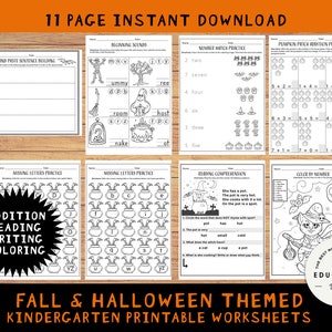 May include: A set of 11 printable worksheets for kindergarten children featuring a fall and Halloween theme. The worksheets include activities such as beginning sounds, number matching, pumpkin patch addition, missing letters, reading comprehension, and colour by number. The worksheets are black and white and feature illustrations of pumpkins, witches, bats, and other Halloween characters.
