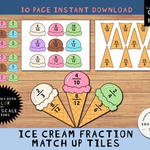 May include: A set of 10 printable ice cream cone fraction match-up tiles. The tiles feature different fractions, including 2/3, 4/10, 8/12, 6/10, 2/1, 4/2, 6/12, 8/12, 9/12, 21/9, 21/8, and 21/6. The tiles are designed for use in a classroom setting to help students learn about fractions.