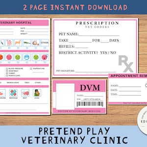 Pretend Play, Animal Clinic, Vet Hospital, Printable Kids Play Set with ID Badge (PINK)