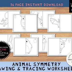 Animal Drawing Symmetry Worksheets, Tracing Art, Kindergarten, 1st Grade, 2nd Grade
