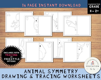 Animal Drawing Symmetry Worksheets, Tracing Art, Kindergarten, 1st Grade, 2nd Grade