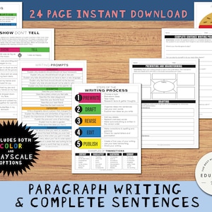 Complete Sentences, Paragraph Writing, Essay Writing Practice Instant Download Printable, 2nd 3rd 4th 5th grade