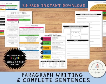 Complete Sentences, Paragraph Writing, Essay Writing Practice Instant Download Printable, 2nd 3rd 4th 5th grade