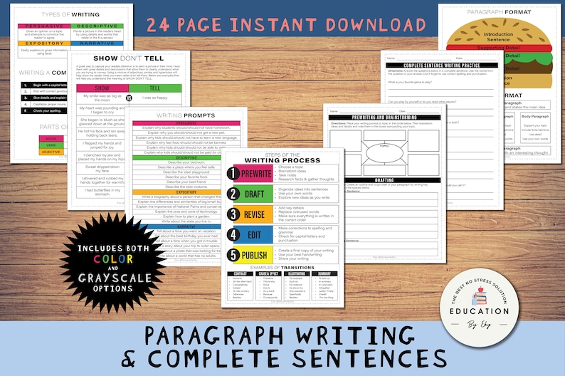 May include: A printable worksheet set for teaching paragraph writing and complete sentences. The set includes 24 pages with colorful graphics and text. The title of the set is "Paragraph Writing & Complete Sentences".