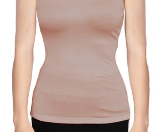 USA Made Mocha Crew Neck Sleeveless Knit Top Blouse with Back Shaping Seam and Cut in Shoulders by Ooh la la