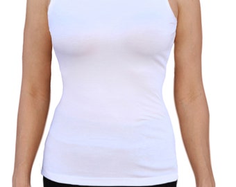 USA Made White Crew Neck Sleeveless Knit Top Blouse with Back Shaping Seam and Cut in Shoulders by Ooh la la