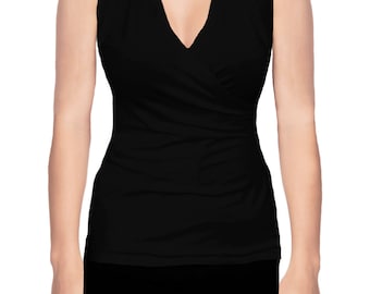 In de VS gemaakte zwarte mouwloze gebreide blouse met overslag aan de voorkant