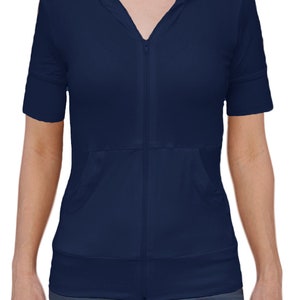 USA Made Frauen Blau Kurzarm Front Zip Hoodie von Ooh la la