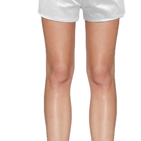 USA Made White Stretch Satin Fully Lined Drawstring Shorts Tap Pants with Crystal Embellished Drawstring