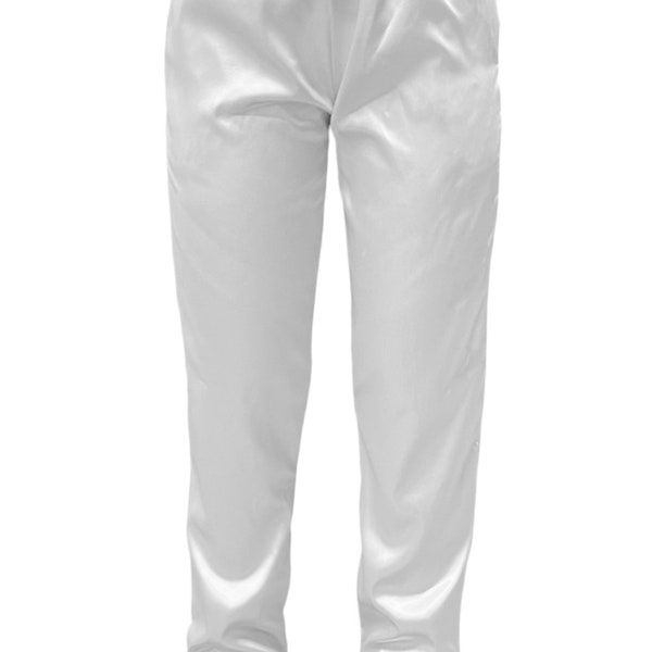 USA Made White Stretch Satin Fully Lined jogger Drawstring Pants with Cuffs and Crystal Embellished Drawstring