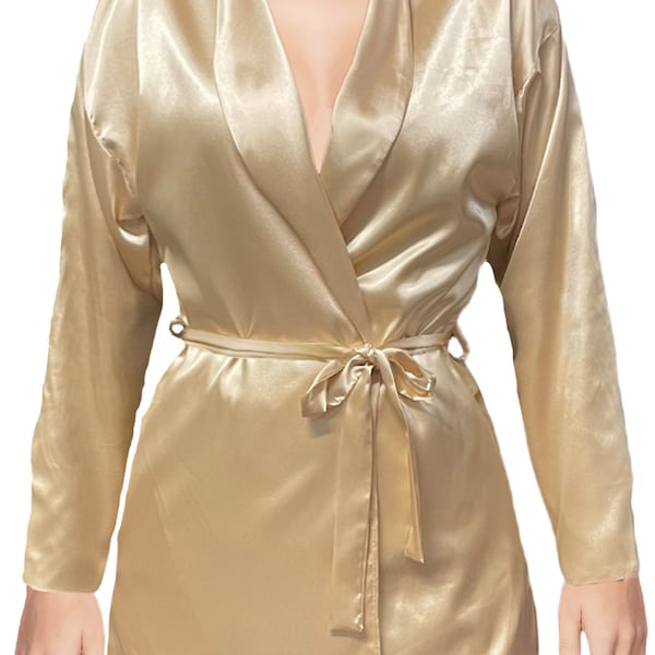 USA Made Champagne Satin Fully Lined Long Sleeve Robe Blazer Jacket with Tie Belt