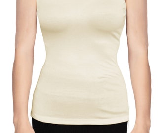 USA Made Ivory Crew Neck Sleeveless Knit Top Blouse with Back Shaping Seam and Cut in Shoulders by Ooh la la