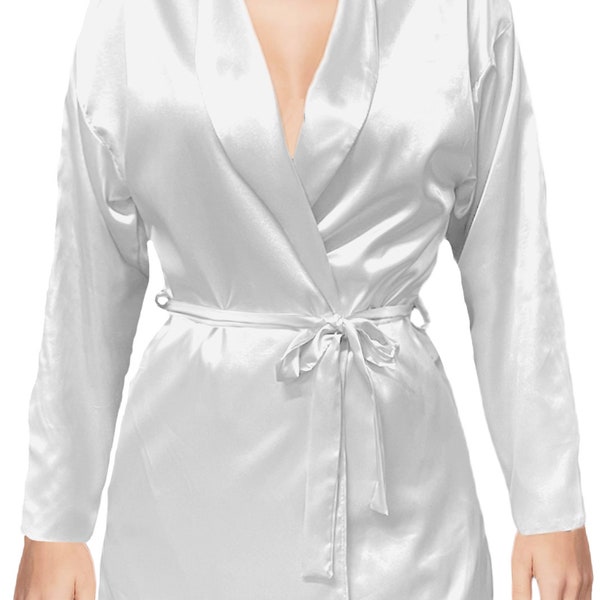 USA Made White Satin Fully Lined Long Sleeve Robe Blazer Jacket with Tie Belt