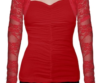 Bolero/chaqueta corta de manga larga con encaje elástico rojo, fabricada en EE. UU.