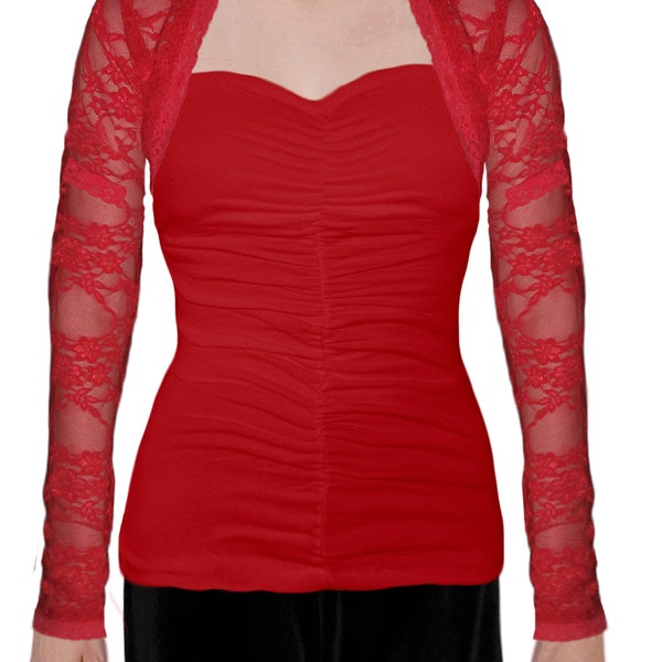 USA Made Red Long Sleeve Stretch Lace Cropped Bolero Shrug Jacket by Ooh la la