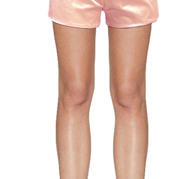 USA Made Blush Pink Stretch Satin Fully Lined Drawstring Shorts Tap Pants with Crystal Embellished Drawstring