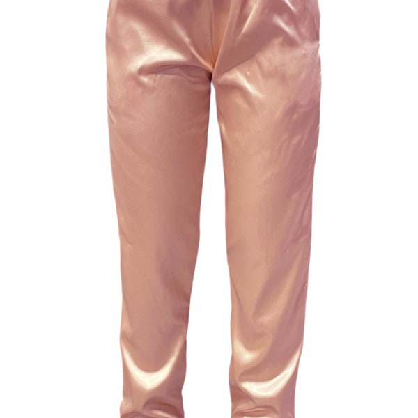 USA Made Blush Pink Stretch Satin Fully Lined  Drawstring Pants with Cuffs and Crystal Embellished Drawstring