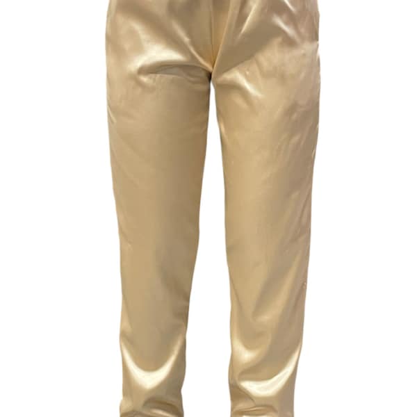 USA Made Champagne Stretch Satin Fully Lined jogger Drawstring Pants with Cuffs and Crystal Embellished Drawstring