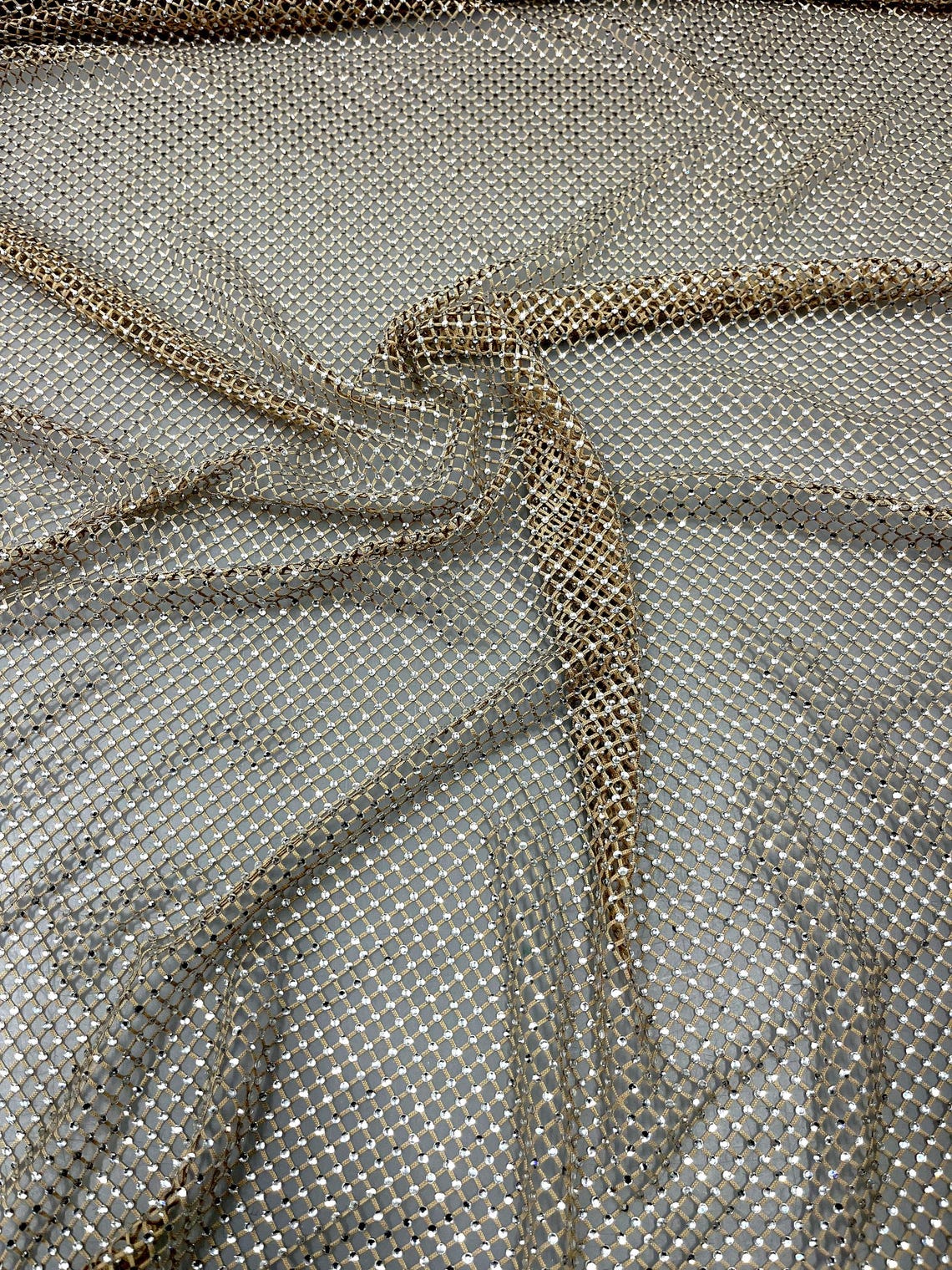 Gold Fish Net With Crystal Rhinestone 4 Way Stretch Fabric by the Yard ...