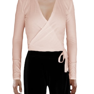 USA made Long Sleeve Blush Wrap Tie Jersey Knit Cover-up Cardigan Dance Inspired