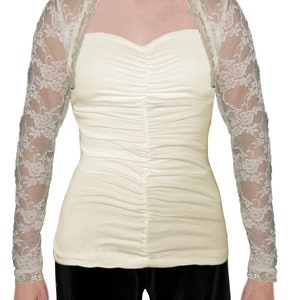 USA Made Cream Lange Mouw Stretch Lace Cropped Bolero Schouderophalen Jas van Ooh la la