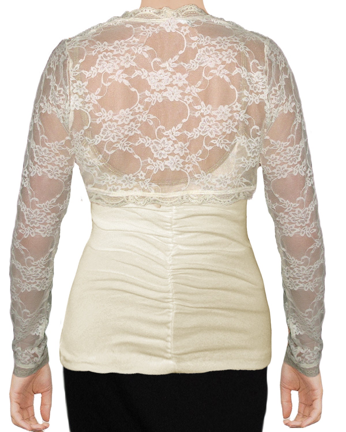 USA Made Cream Long Sleeve Stretch Lace Cropped Bolero Shrug