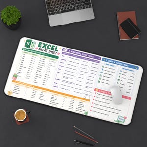 May include: A rectangular desk mat featuring an Excel cheat sheet with sections for keyboard shortcuts, essential functions, data and formatting, and useful tips. The design includes colorful icons, text, and tables on a white background with rounded corners.