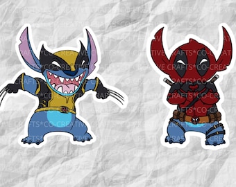 Stitch Takes on Deadpool and Wolverine | Movie Stickers & Magnets | Laptop, Planner, Water Bottle Sticker