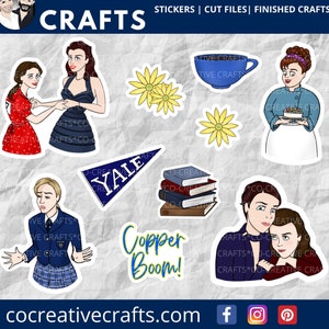 May include: A set of nine stickers featuring various illustrations, including a couple, a woman holding a cake, a stack of books, a woman with a cup of tea, a woman with a child, a woman with a flower, a woman with a flower, a woman with a flower, and a triangle with the word "Yale" on it. The stickers are all white with a black outline.