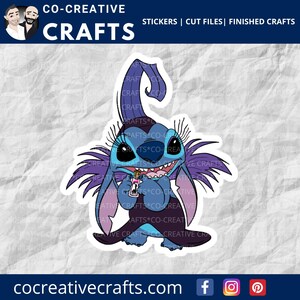 May include: A blue and purple cartoon character with large eyes and a mischievous grin. The character is wearing a witch's hat and holding a potion bottle. The character is from the Disney movie Lilo & Stitch.
